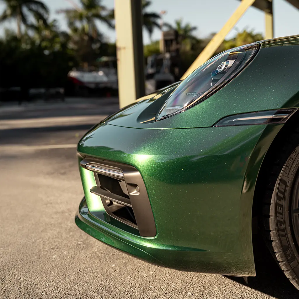 EVOLV-PPF-Racing-Green-Porsche-front-close-up.webp